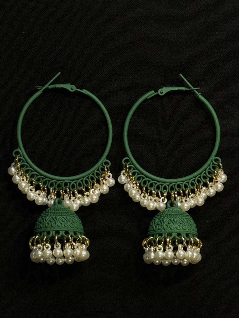 Green Jhumka Hoop Earrings with Pearl Beads