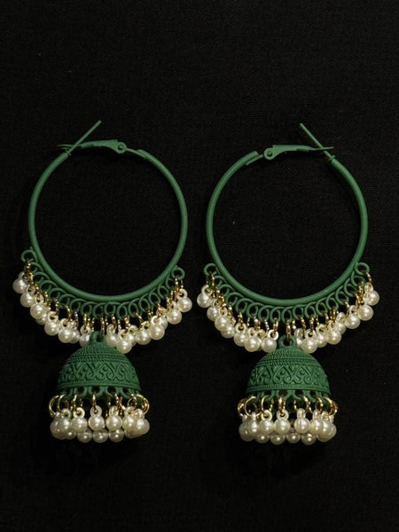 Green Jhumka Hoop Earrings with Pearl Beads