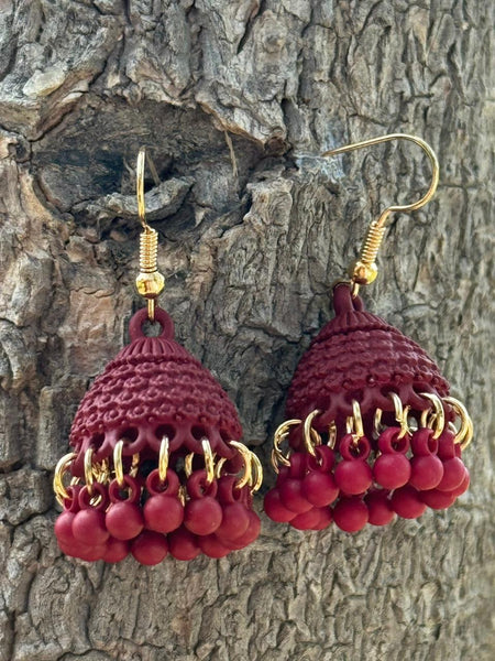 Red Beaded Jhumka Earrings – Handcrafted Traditional Design