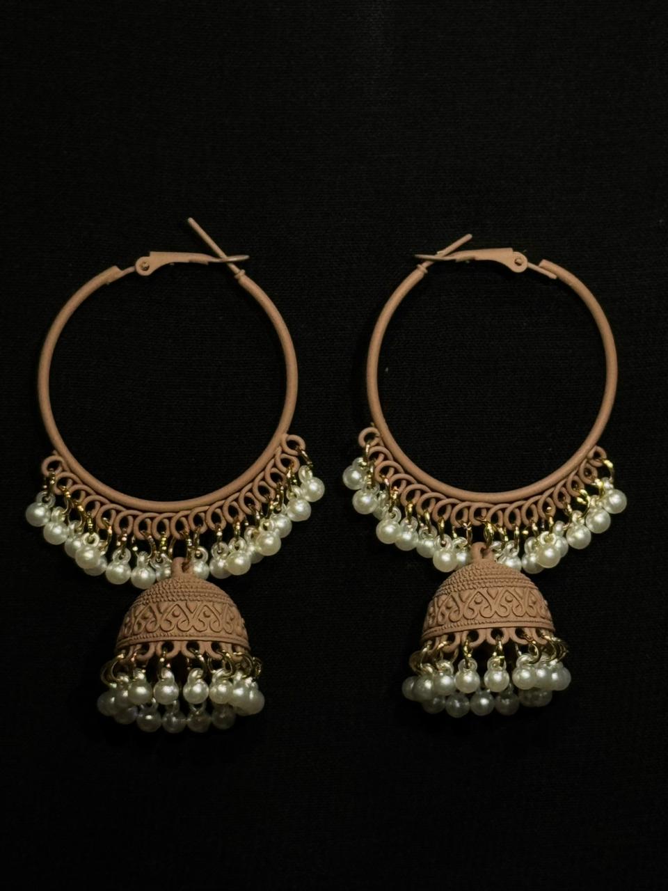 Beige Hoop Jhumka Earrings