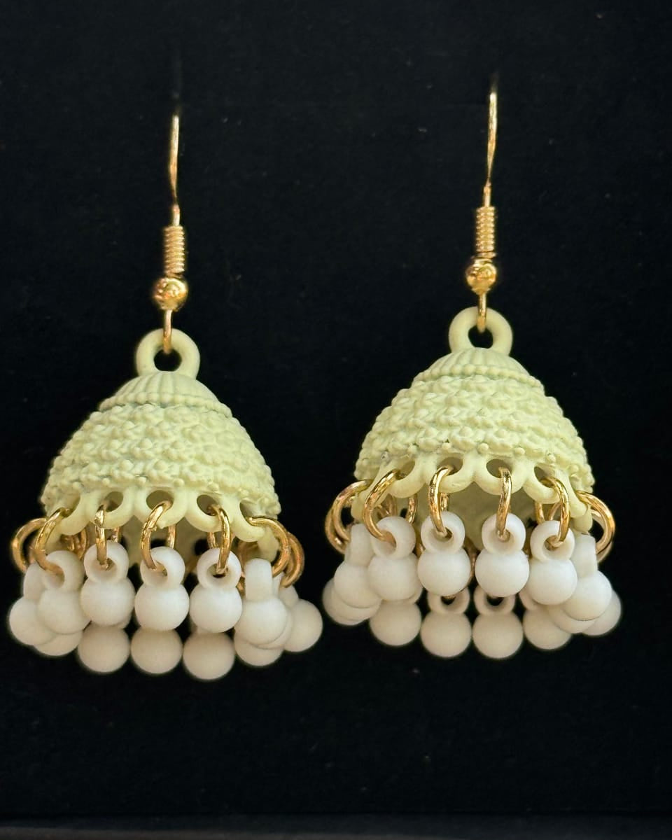 Elegant Handmade Jhumka Earrings with White Bead Detailing