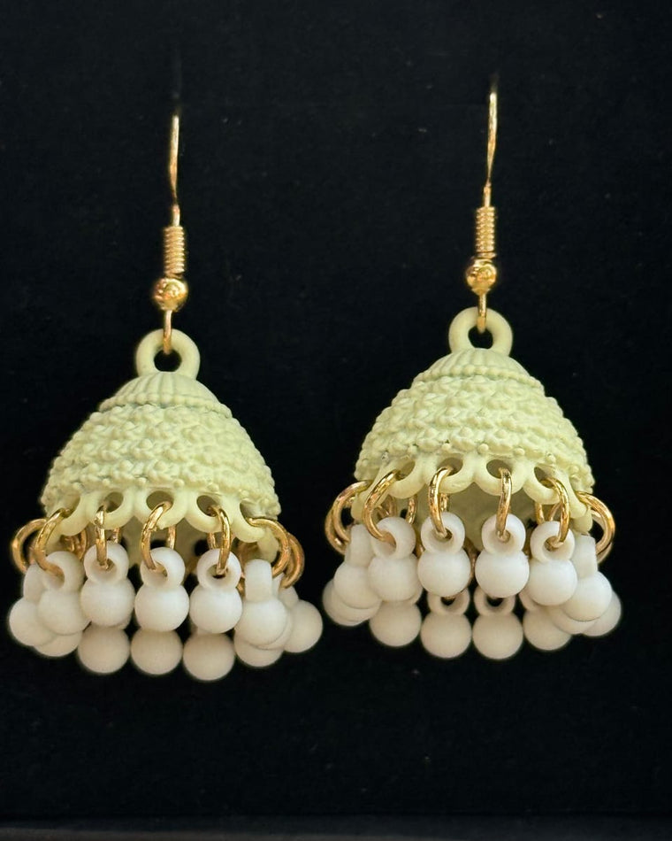 Elegant Handmade Jhumka Earrings with White Bead Detailing